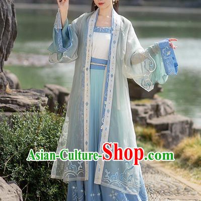 Chinese Ancient Village Girl Hanfu Garment Costumes Song Dynasty Young Lady Embroidered BeiZi Blouse Sun Top and Blue Skirt Full Set