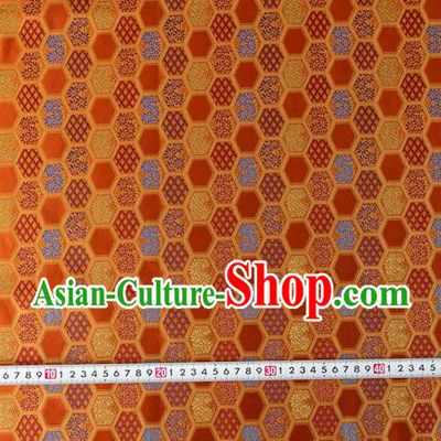 Japanese Traditional Hexagon Daisy Pattern Design Orange Brocade Nishijin Fabric Silk Material Traditional Asian Japan Kimono Tapestry Satin