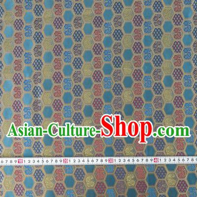 Japanese Traditional Hexagon Daisy Pattern Design Blue Brocade Nishijin Fabric Silk Material Traditional Asian Japan Kimono Tapestry Satin