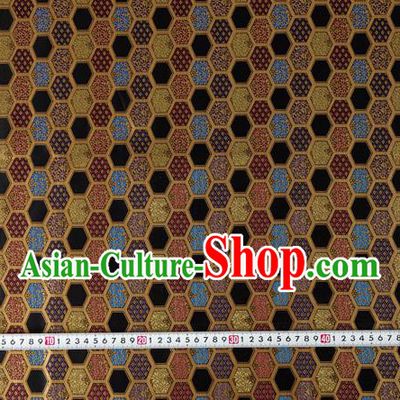 Japanese Traditional Hexagon Daisy Pattern Design Black Brocade Nishijin Fabric Silk Material Traditional Asian Japan Kimono Tapestry Satin