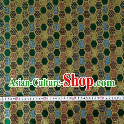 Japanese Traditional Hexagon Daisy Pattern Design Green Brocade Nishijin Fabric Silk Material Traditional Asian Japan Kimono Tapestry Satin