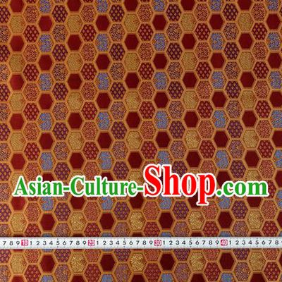 Japanese Traditional Hexagon Daisy Pattern Design Purplish Red Brocade Nishijin Fabric Silk Material Traditional Asian Japan Kimono Tapestry Satin
