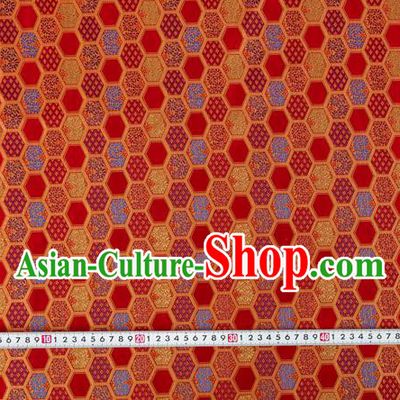 Japanese Traditional Hexagon Daisy Pattern Design Red Brocade Nishijin Fabric Silk Material Traditional Asian Japan Kimono Tapestry Satin