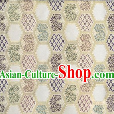 Japanese Traditional Hexagon Daisy Pattern Design White Brocade Nishijin Fabric Silk Material Traditional Asian Japan Kimono Tapestry Satin