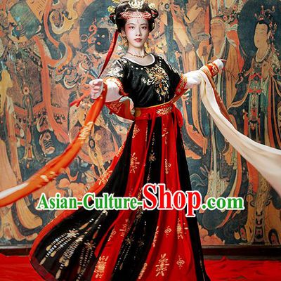 Chinese Ancient Classical Dance Hanfu Garment Costumes Tang Dynasty Palace Lady Black Half Sleeved Top Blouse and Skirt Complete Set