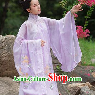 Chinese Ancient Noble Female Hanfu Garment Costumes Ming Dynasty Rich Lady Embroidered Lilac Blouse Sun Top and Skirt Complete Set