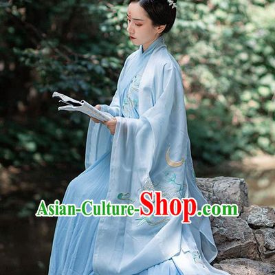 Chinese Ancient Jin Dynasty Noble Woman Embroidered Blue Cape Blouse and Skirt Hanfu Garment Costumes Complete Set