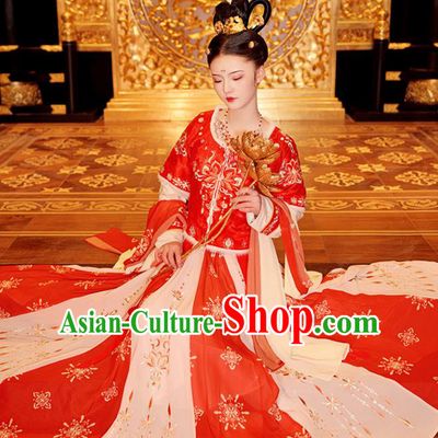 Chinese Ancient Princess Winter Hanfu Garment Costumes Tang Dynasty Red Half Sleeved Top Blouse and Skirt Full Set