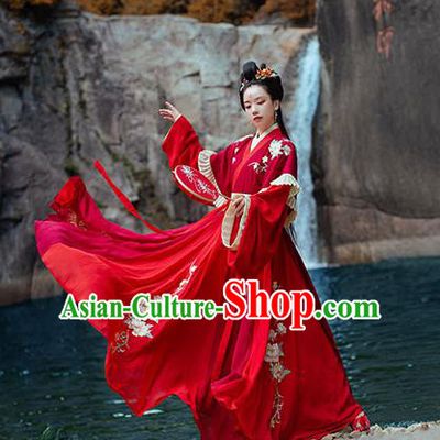 Chinese Ancient Noble Princess Red Hanfu Garment Costumes Jin Dynasty Palace Lady Wedding Half Sleeved Top Blouse and Skirt Full Set