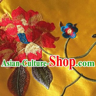 Top Quality Chinese Classical Embroidered Peony Pattern Yellow Silk Material Asian Traditional Curtain Cloth Fabric