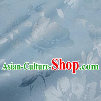 Chinese Traditional Camellia Pattern Design Light Blue Satin Fabric Silk Material Traditional Asian Hanfu Dress Cloth Tapestry