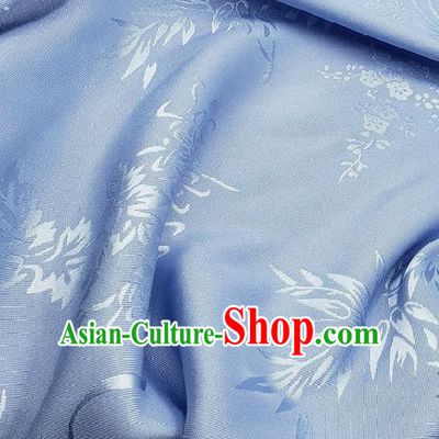 Chinese Traditional Plum Orchid Bamboo Chrysanthemum Pattern Design Blue Satin Fabric Traditional Asian Hanfu Dress Cloth Tapestry Jacquard Silk Material