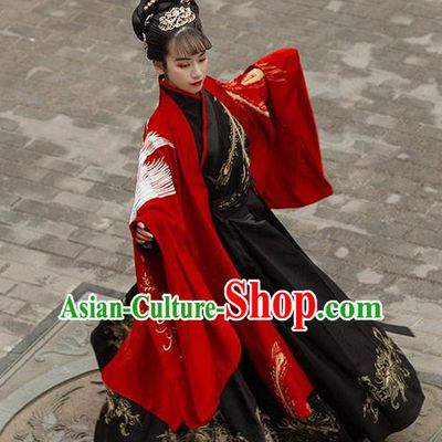 Chinese Ancient Jin Dynasty Empress Costumes Traditional Hanfu Garment Embroidered Red Cape Blouse and Skirt Complete Set