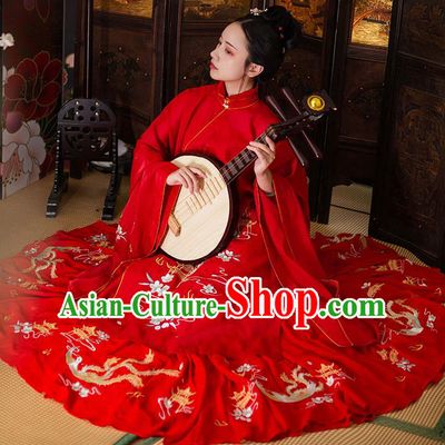Chinese Ancient Ming Dynasty Wedding Costumes Traditional Noble Lady Hanfu Garment Embroidered Red Long Blouse and Skirt Full Set