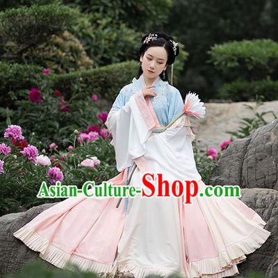 Chinese Ancient Young Lady Hanfu Garment Traditional Jin Dynasty Costumes Half Sleeved Top Blouse and Beige Skirt Full Set