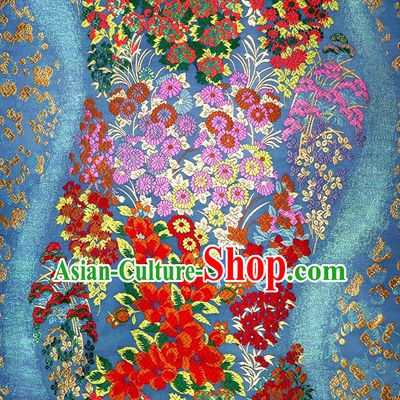 Top Quality Japanese Classical Flow Sakura Pattern Blue Satin Material Asian Traditional Brocade Kimono Belt Nishijin Cloth Fabric