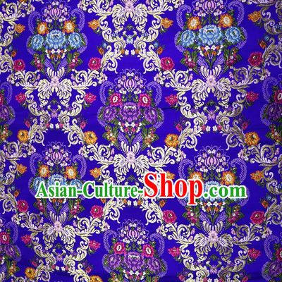 Chinese Classical Court Flowers Pattern Design Royalblue Nanjing Brocade Cheongsam Fabric Asian Traditional Tapestry Satin Material DIY Wedding Cloth Damask