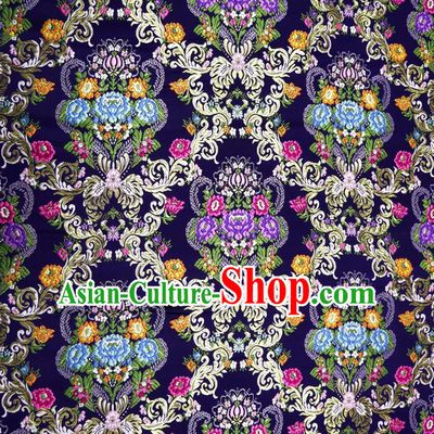 Chinese Classical Court Flowers Pattern Design Navy Nanjing Brocade Cheongsam Fabric Asian Traditional Tapestry Satin Material DIY Wedding Cloth Damask