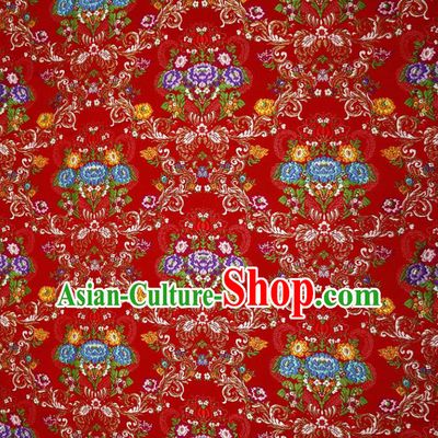 Chinese Classical Court Flowers Pattern Design Red Nanjing Brocade Cheongsam Fabric Asian Traditional Tapestry Satin Material DIY Wedding Cloth Damask