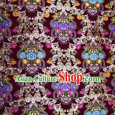 Chinese Classical Court Flowers Pattern Design Maroon Nanjing Brocade Cheongsam Fabric Asian Traditional Tapestry Satin Material DIY Wedding Cloth Damask