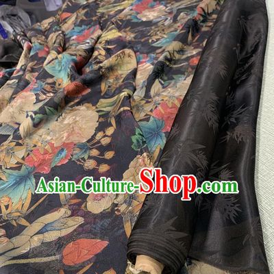 Chinese Classical Bamboo Peony Pattern Black Watered Gauze Asian Top Quality Silk Material Hanfu Dress Fabric Cloth Cheongsam Brocade