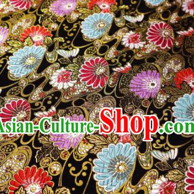 Japanese Traditional Daisy Pattern Black Brocade Cloth Kimono Belt Tapestry Satin Fabric Asian Top Quality Nishijin Material
