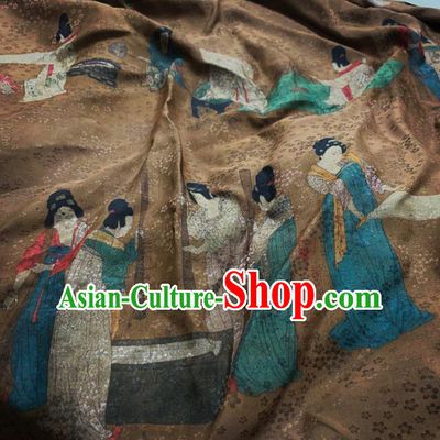 Chinese Classical Beauty Pattern Brown Watered Gauze Asian Top Quality Silk Material Cloth Hanfu Dress Fabric
