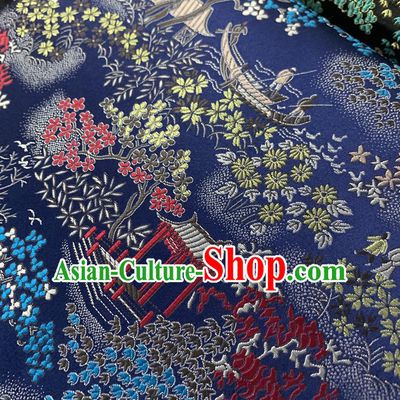 Chinese Cheongsam Classical Phoenix Pattern Design Navy Blue Song Brocade Fabric Asian Traditional Tapestry Satin Material DIY Court Cloth Damask