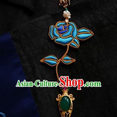 Chinese Classical Cheongsam Blue Rose Brooch Traditional Hanfu Accessories Handmade Jade Breastpin for Women