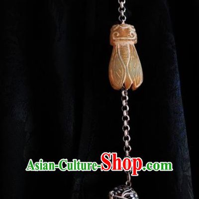 Chinese Classical Cheongsam Silver Carving Sachet Brooch Traditional Hanfu Accessories Handmade Jade Cicada Breastpin Pendant for Women