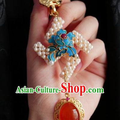 Chinese Classical Cheongsam Blue Peony Brooch Traditional Hanfu Accessories Handmade Pearls Breastpin Pendant for Women