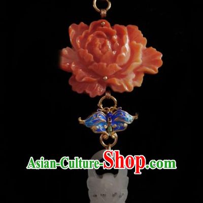 Chinese Classical Cheongsam Red Peony Brooch Traditional Hanfu Accessories Handmade Breastpin Jade Pendant for Women