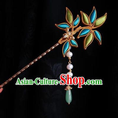 Handmade Chinese Silk Bamboo Leaf Hairpins Traditional Hanfu Hair Accessories Jade Tassel Hair Clip for Women