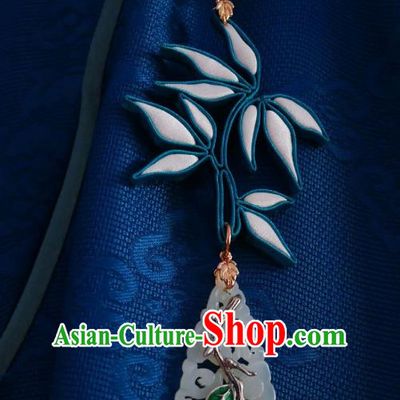 Chinese Classical Cheongsam White Silk Bamboo Leaf Brooch Traditional Hanfu Accessories Handmade Jade Breastpin Pendant for Women