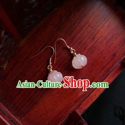 Chinese Handmade Pink Jade Pumpkin Earrings Traditional Hanfu Ear Jewelry Accessories Ancient Princess Eardrop for Women