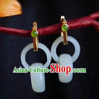 Chinese Handmade Jade Rings Earrings Traditional Hanfu Ear Jewelry Accessories Ancient Princess Eardrop for Women