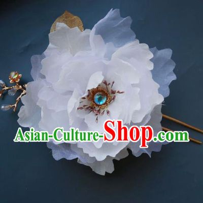 Handmade Chinese White Silk Peony Hairpins Traditional Hanfu Hair Accessories Ancient Tang Dynasty Court Hair Clip for Women