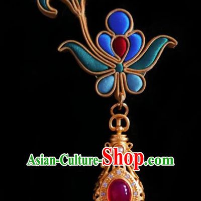 Chinese Classical Cheongsam Blue Silk Butterfly Brooch Traditional Hanfu Accessories Handmade Breastpin Golden Flagon Tassel Pendant for Women
