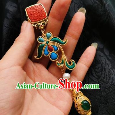 Chinese Classical Cheongsam Green Silk Iris Brooch Traditional Hanfu Accessories Handmade Breastpin Seal Tassel Pendant for Women