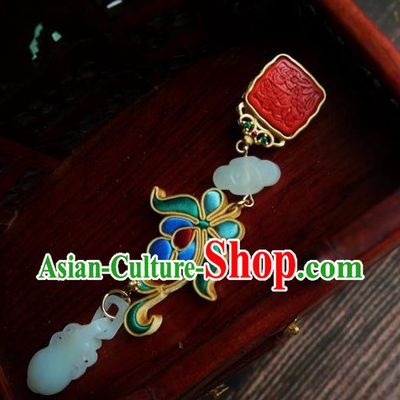 Chinese Classical Cheongsam Silk Iris Seal Brooch Traditional Hanfu Accessories Handmade Breastpin Jade Flagon Tassel Pendant for Women