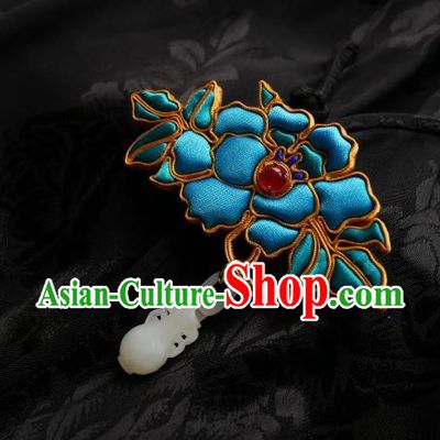 Chinese Classical Cheongsam Blue Silk Peony Brooch Traditional Hanfu Accessories Handmade Jade Vase Breastpin Pendant for Women