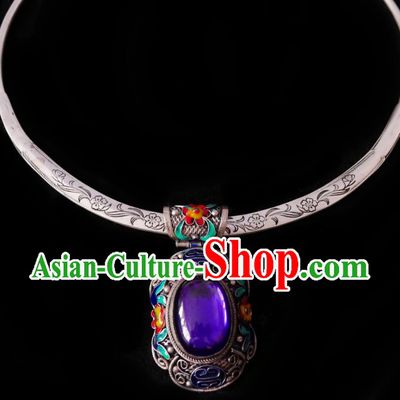 Chinese Handmade Amethyst Necklace Traditional Hanfu Jewelry Accessories Cloisonne Silver Necklet for Women