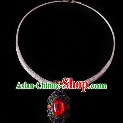 Chinese Handmade Red Stone Necklace Traditional Hanfu Jewelry Accessories Cloisonne Silver Necklet for Women
