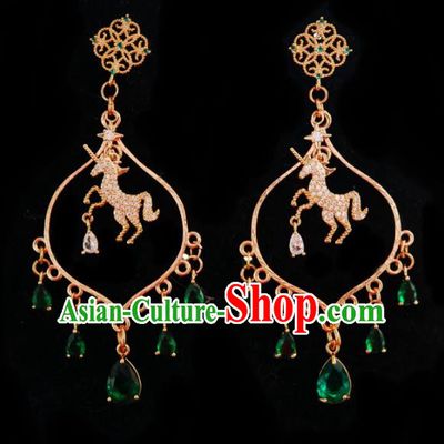 Chinese Handmade Green Zircon Earrings Traditional Hanfu Ear Jewelry Accessories Golden Horse Eardrop for Women