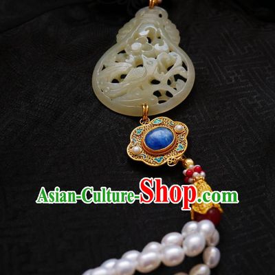 Chinese Classical Cheongsam Jade Cucurbit Brooch Traditional Hanfu Accessories Handmade Breastpin Pearls Tassel Pendant for Women