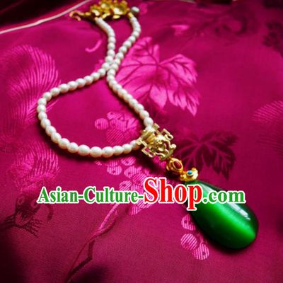 Chinese Handmade Pearls Necklace Traditional Hanfu Jewelry Accessories Green Opal Necklet for Women