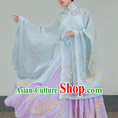 Chinese Ancient Ming Dynasty Young Lady Hanfu Garment Traditional Embroidered Costumes Blue Blouse and Pleated Skirt for Women
