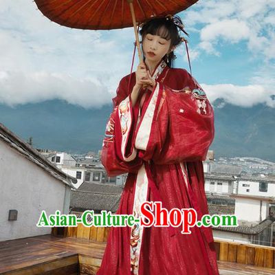 Chinese Jin Dynasty Wedding Garment Traditional Ancient Royal Princess Hanfu Costumes Embroidered Red Blouse and Skirt Full Set