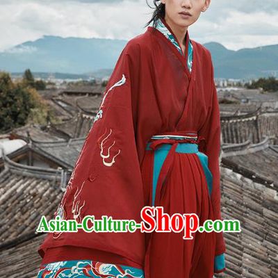 Chinese Jin Dynasty Prince Garment Traditional Ancient Noble Childe Hanfu Costumes Embroidered Wedding Red Blouse and Skirt for Men