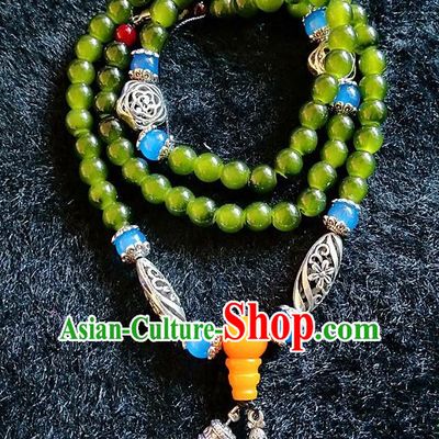 Handmade Chinese Traditional Tibetan Nationality Green Beads Bracelet Accessories Decoration Zang Ethnic Multi Layer Bangle for Women